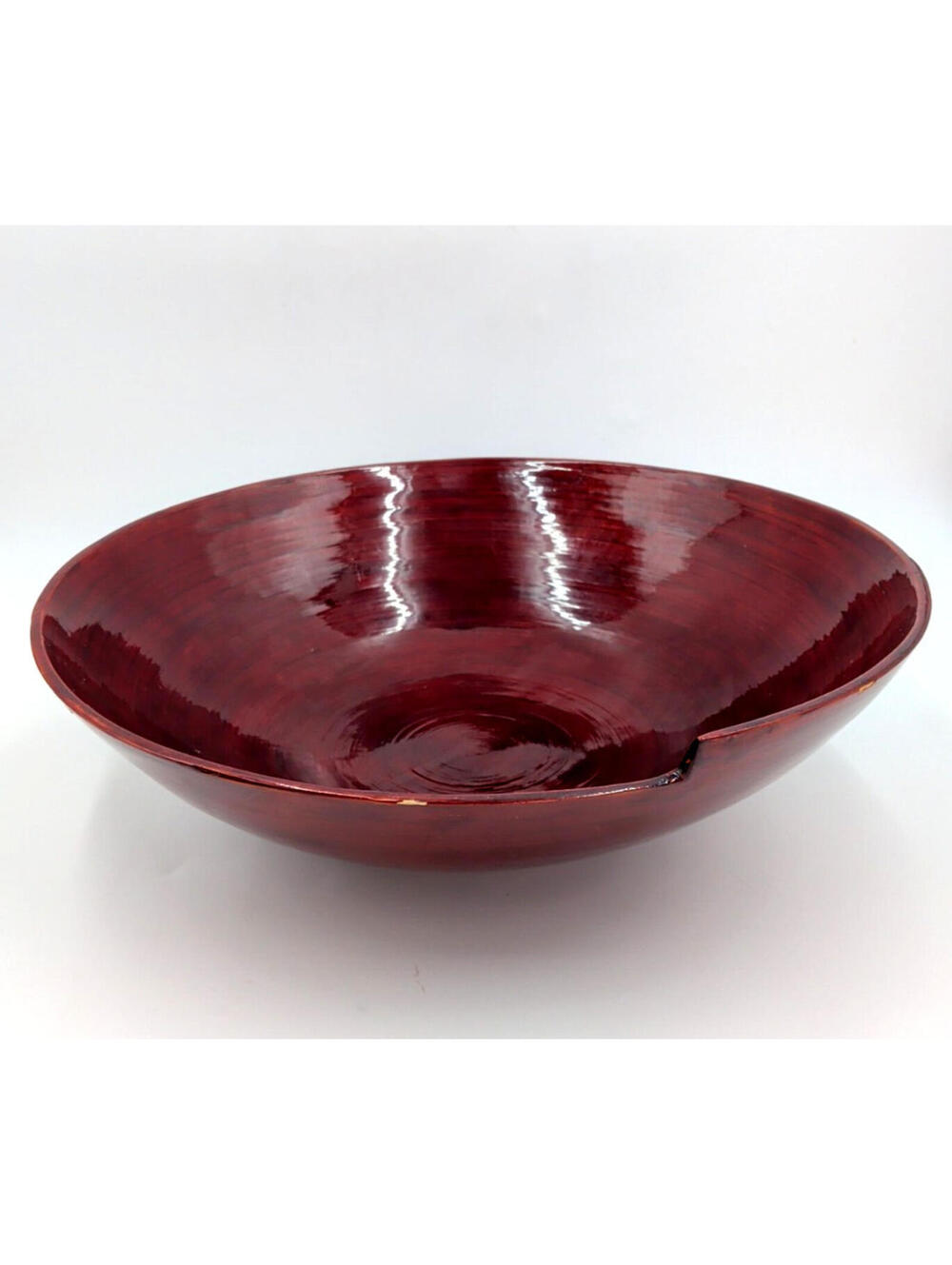 Dark Red Decorative Spun Bamboo Bowl Lacquer Finish 16" Diameter - See Photos